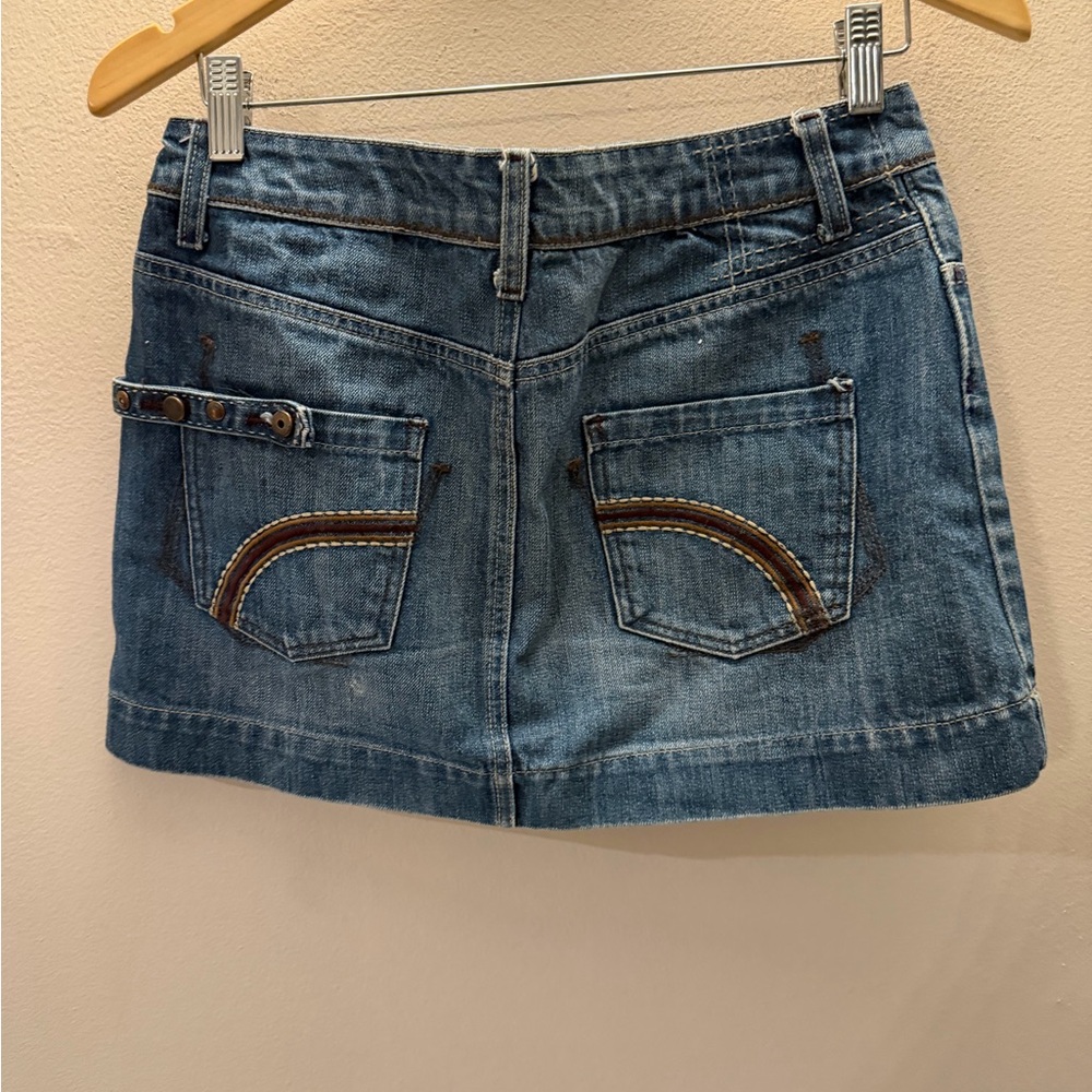MNG Jeans Women Blue Denim Mini Skirt Y2K Rainbow‎ Pocket Detail Size 6 USA